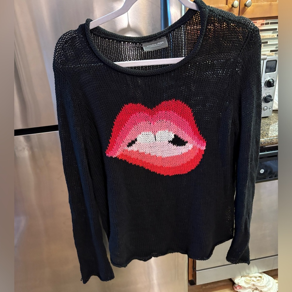 Black Mesh Sweater with Red Lips Design